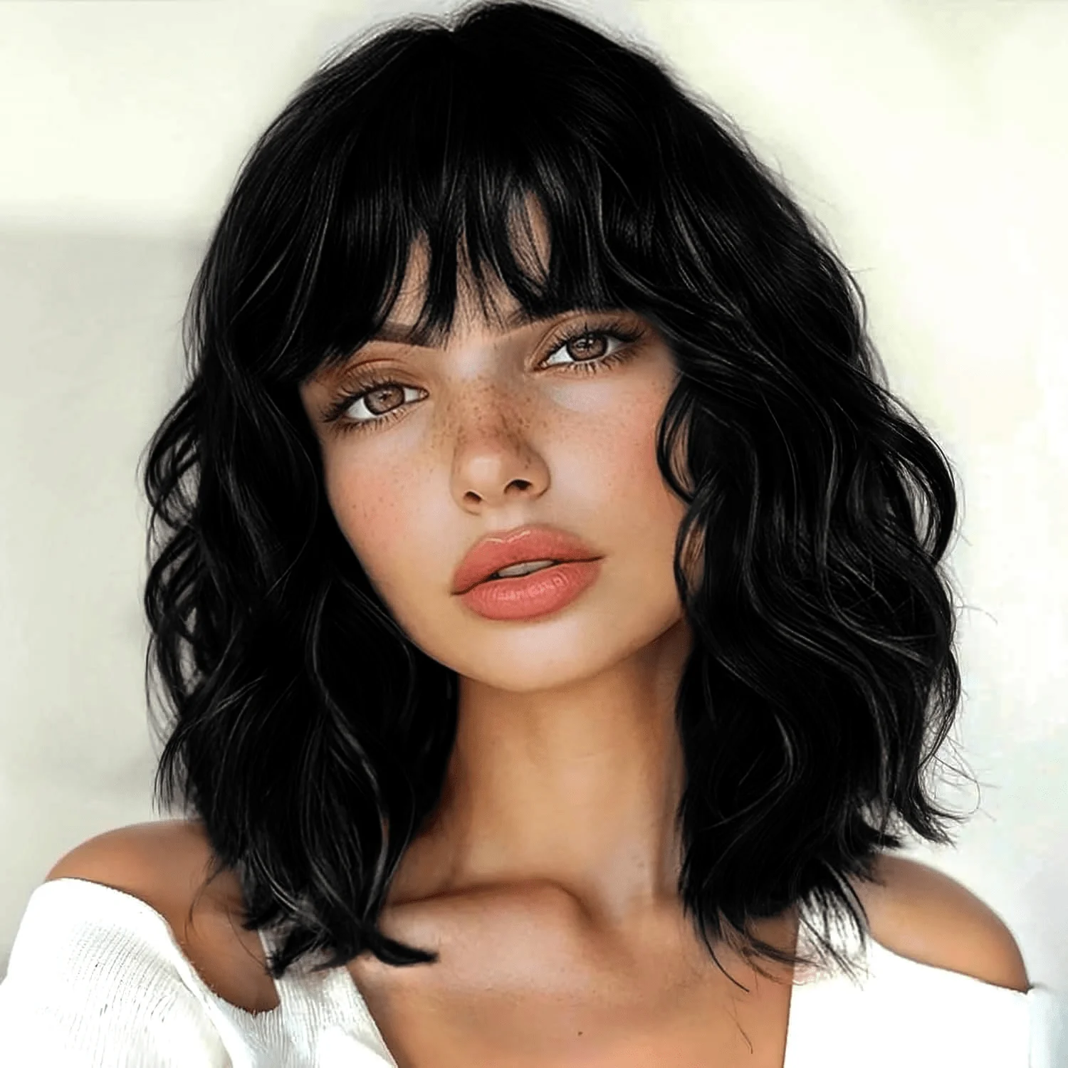 

Короткий черный парик с челкойЧерный волнистый парик Боб с челкой для женщин Синтетические термостойкие парики для костюмов на Хэллоуин Косплей D