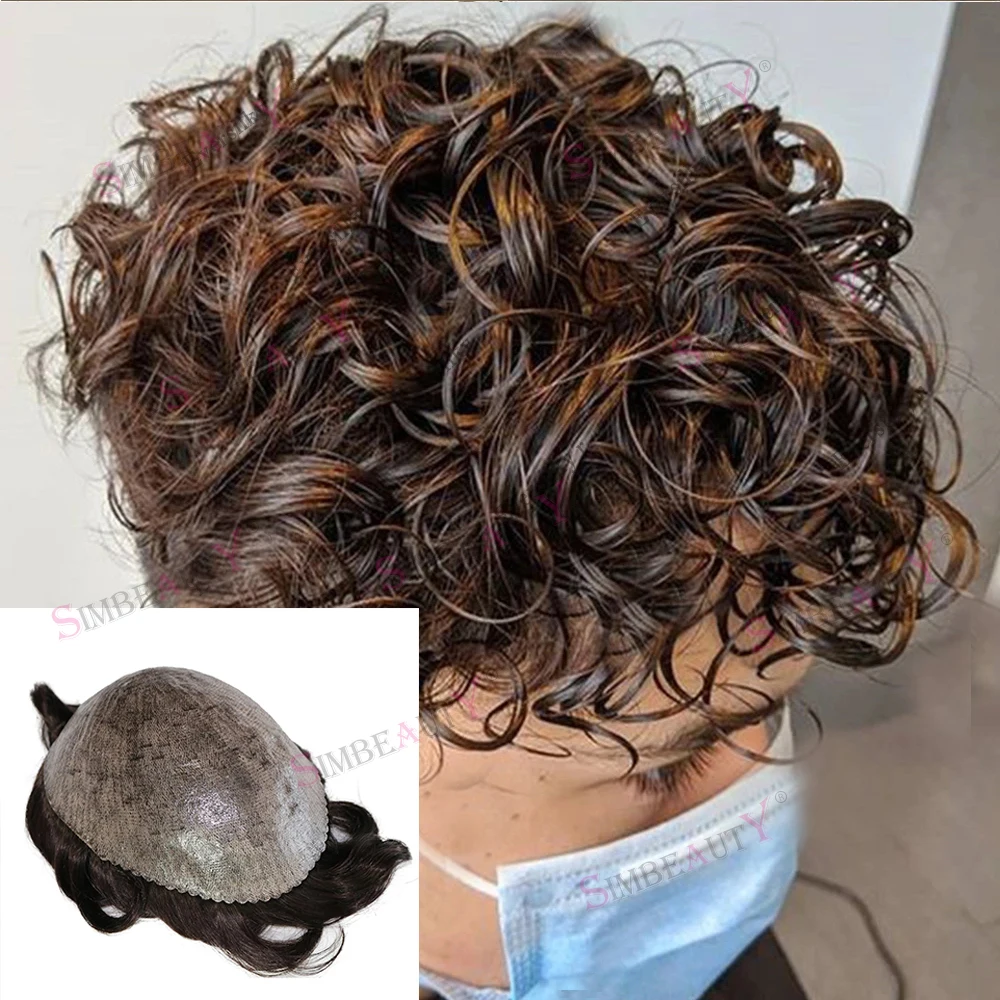 European 20MM Curly Men Wig Cool Tone Brown Human Hair Thin Skin PU Male Toupee Capillary Prosthesis Long Last System Hairpieces