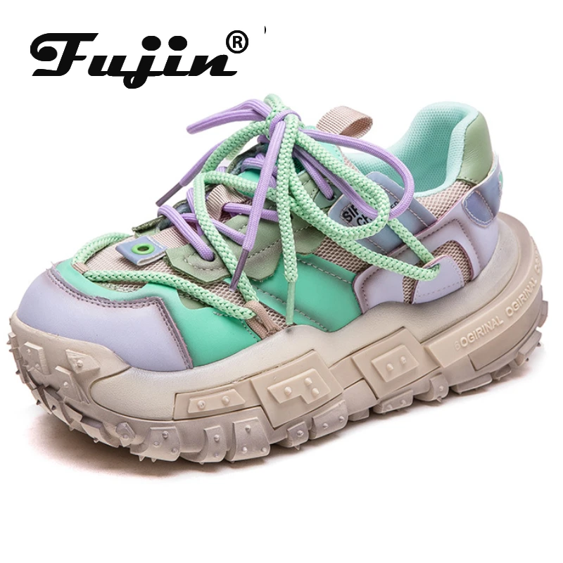 

Fujin 5cm Wedge Summer Chunky Sneaker Women Boots Shoes Air Mesh Cow Suede Genuine Leather Vulcanize Pils Mules Luxury Platform