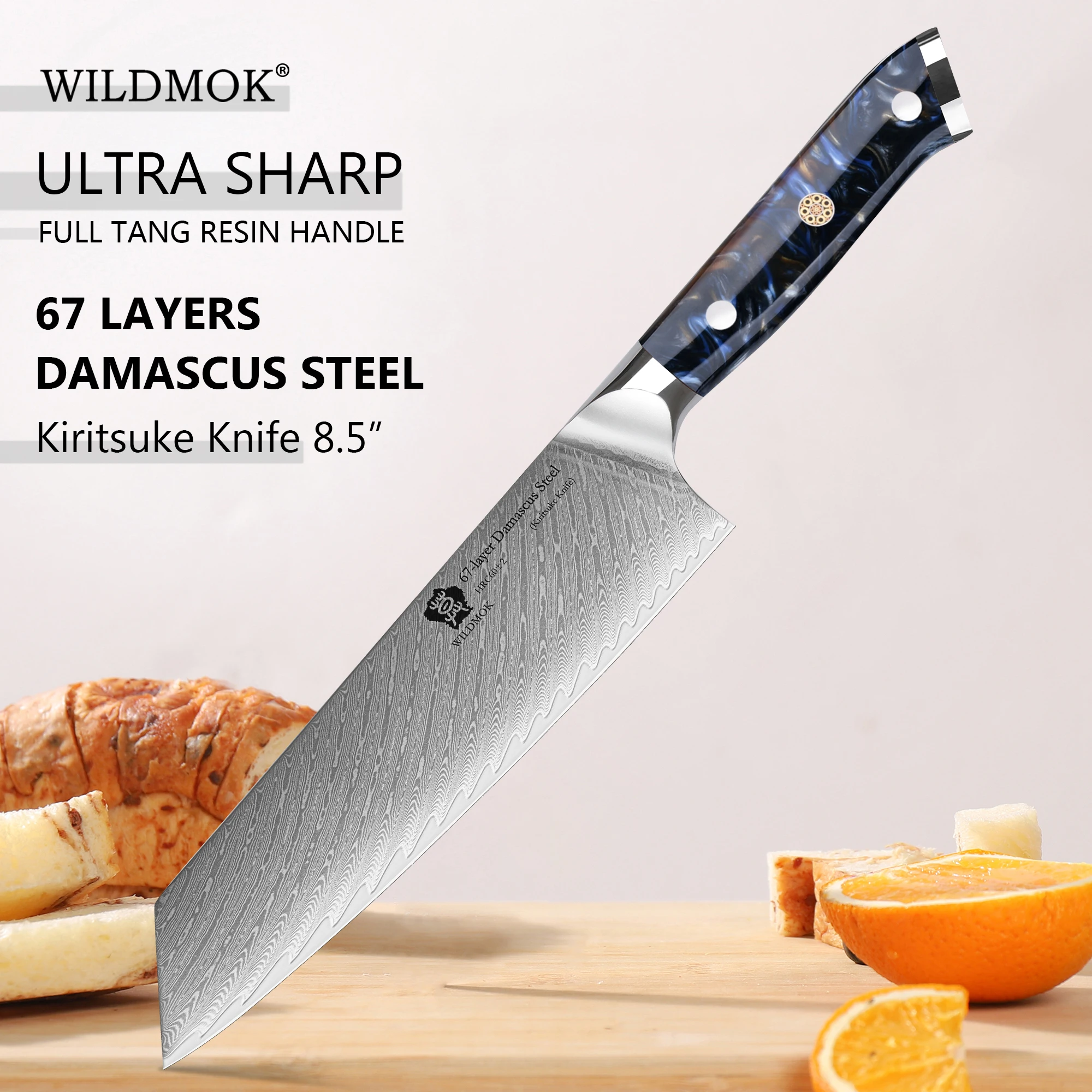 WILDMOK 8 Inch Cooking Kiritsuke Knife, Damascus Steel Core, Polished Marble Resin Handle  Sharp Meat Veggie Slicer Cutting