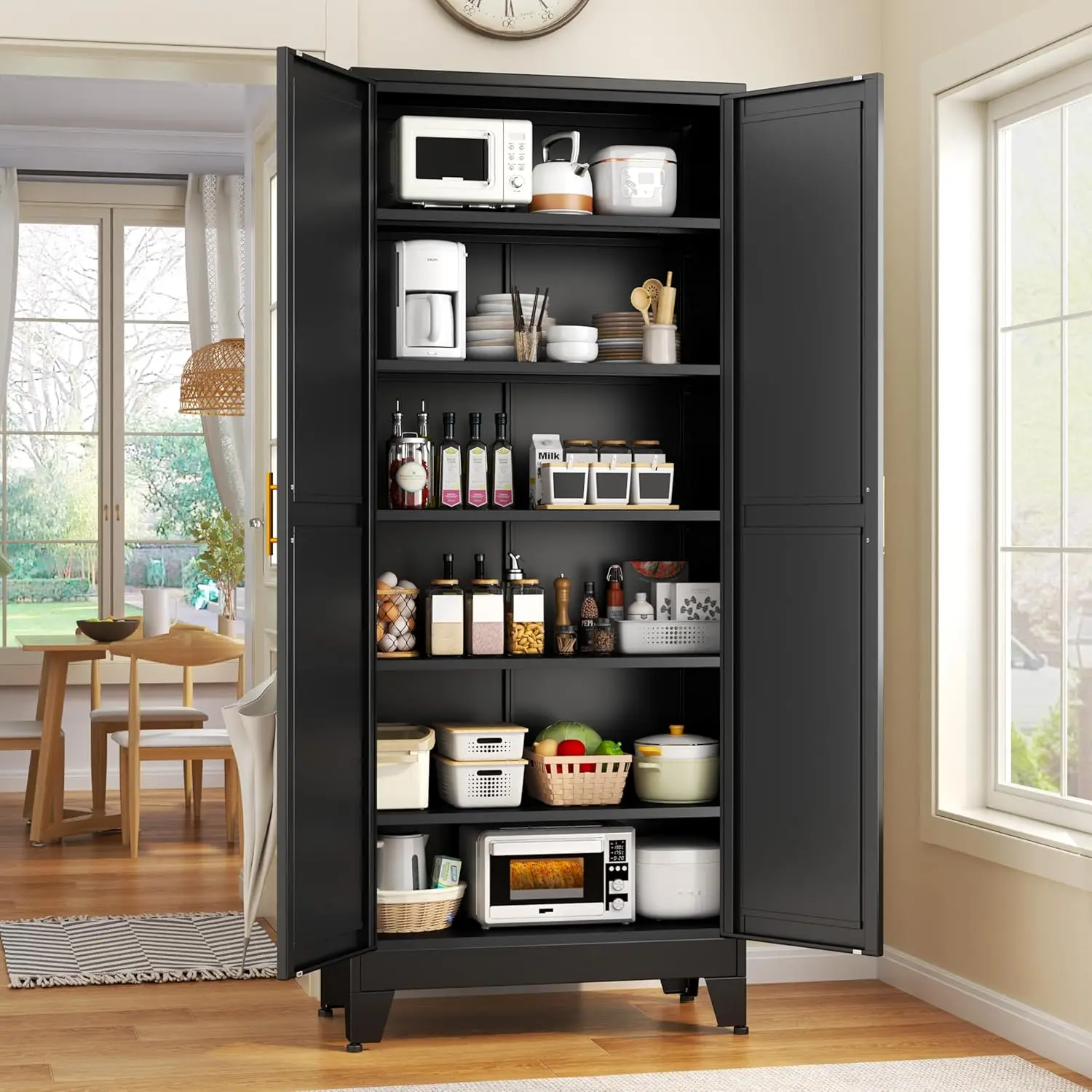 

75.2" Tall Pantry Storage Cabinet with 2 Door and 5 Adjustable Shelves Black Kitchen Food Storage Cabinet Metal Utility Bedroom