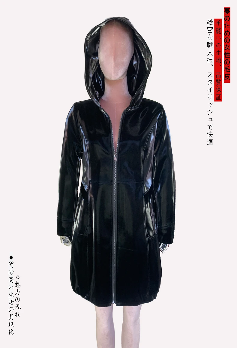 Nerazzurri Spring Fitted Waterproof Shiny Reflective Black Patent Faux Leather Jacket Women with Hood Zipper Red Autumn Clothes