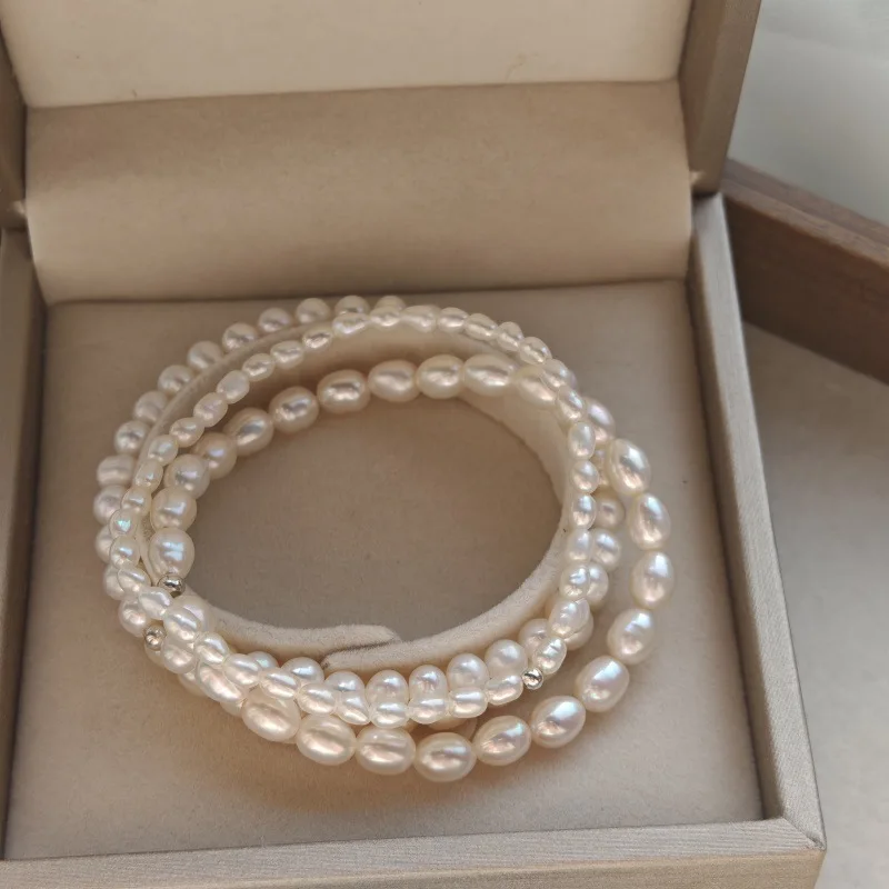 Natural Freshwater Pearl Strand Bracelet, No Need to Pick When Washing Hands, 925 Sterling Silver Rice Grain Pearl Bracelet