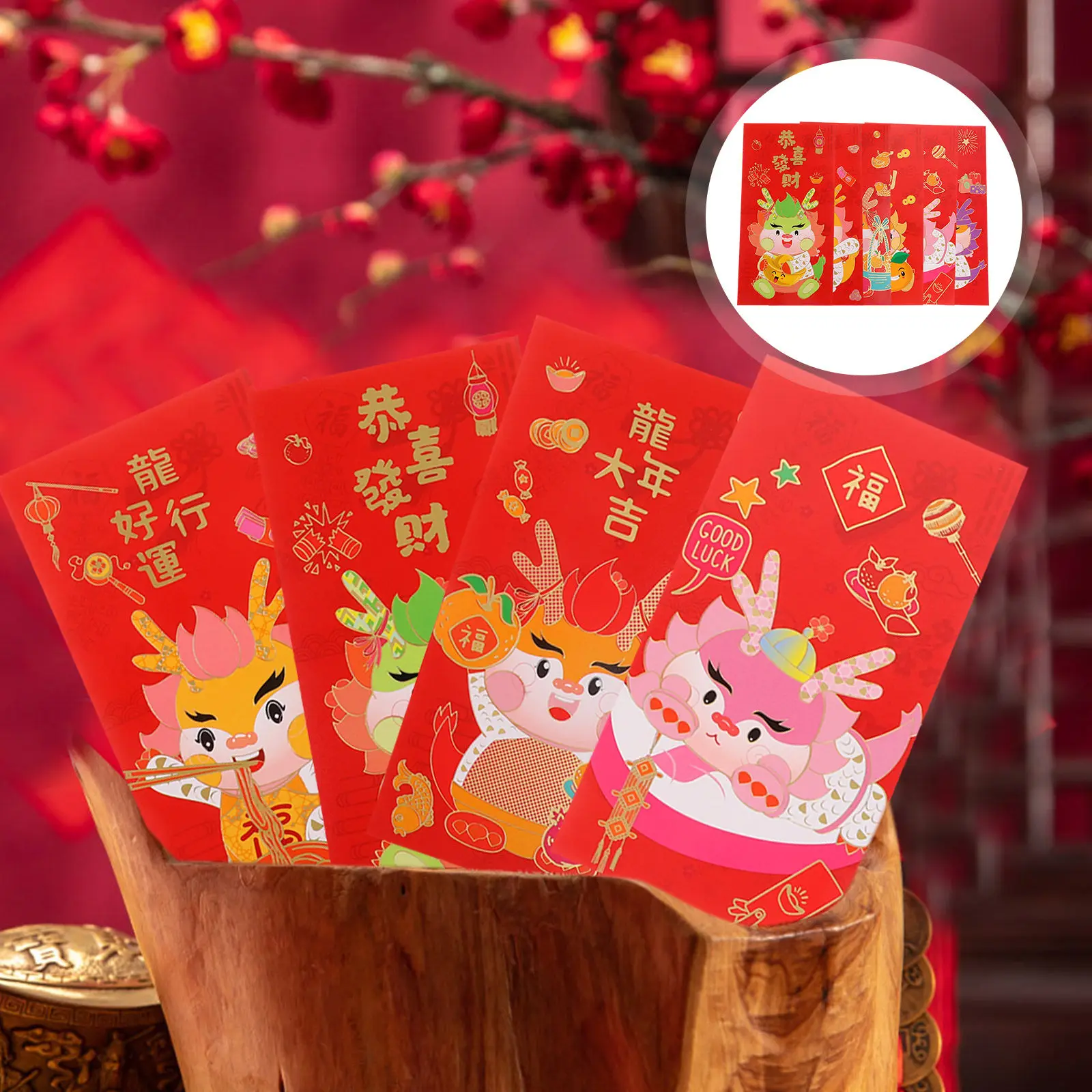 

6Pcs Red Envelopes Chinese New Year 2024 Dragon Zodiac Lucky Money Pockets Creative Cartoon Style Paper Red Packet Festival Gift
