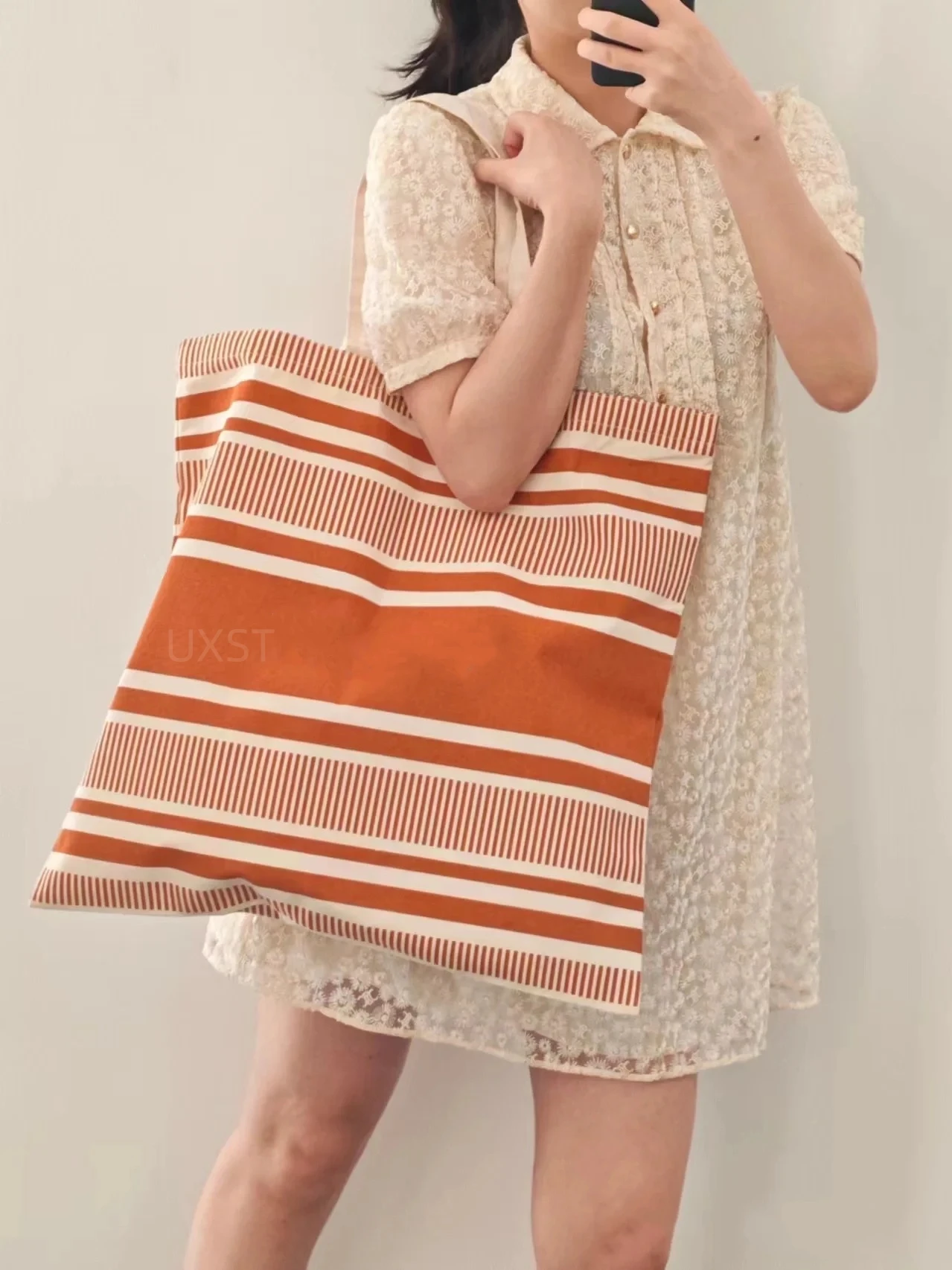 UXST Orange Striped Canvas Shoulder Bag Simple Causal Shopping Bag Student Mommy Commuter Tote Bag Summer Large Capacity Handbag