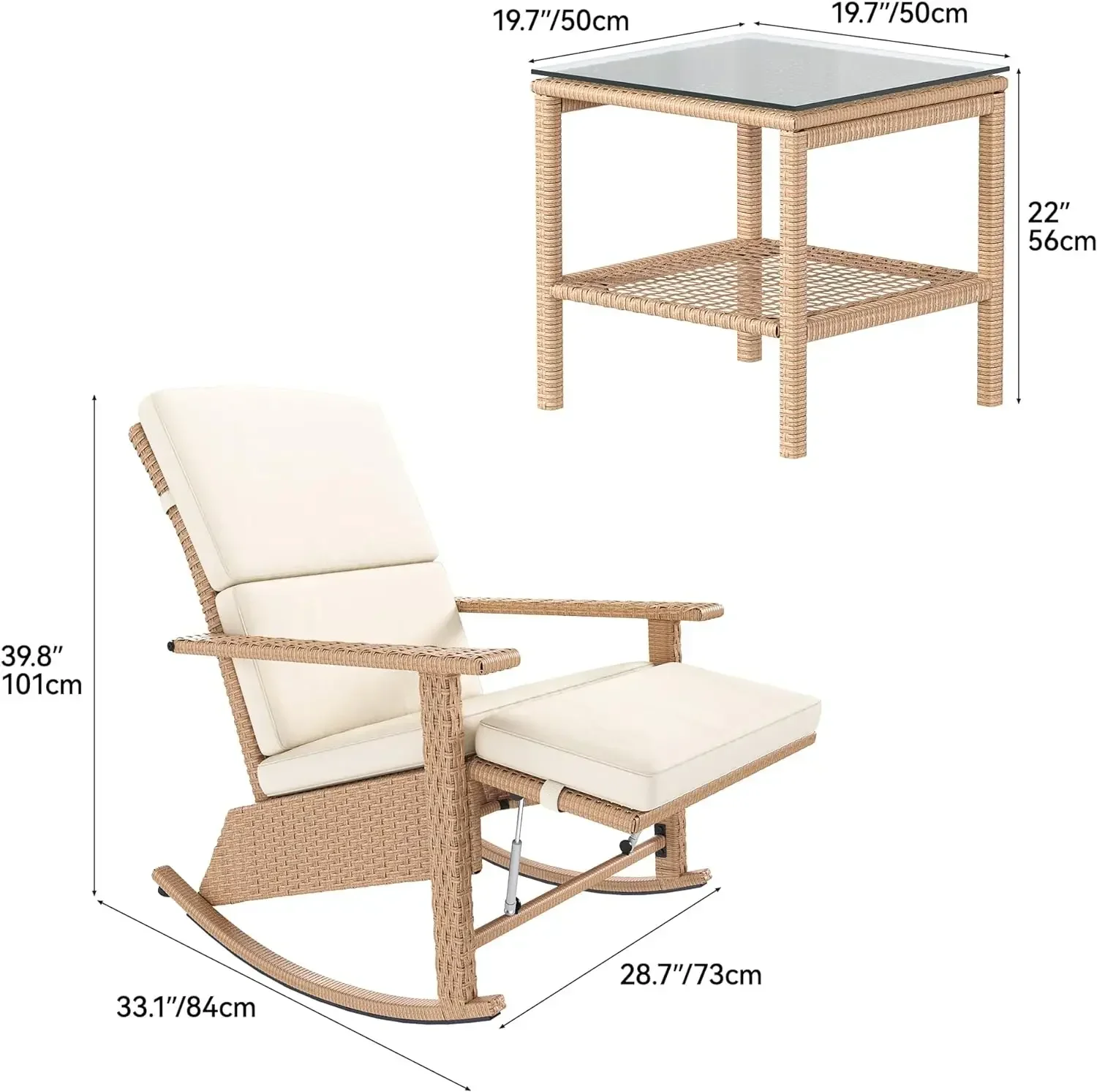 Pátio Rocking Chair Set, Mobília ao ar livre, Cadeiras de vime Adirondack, Mesa de vidro, 3 pcs