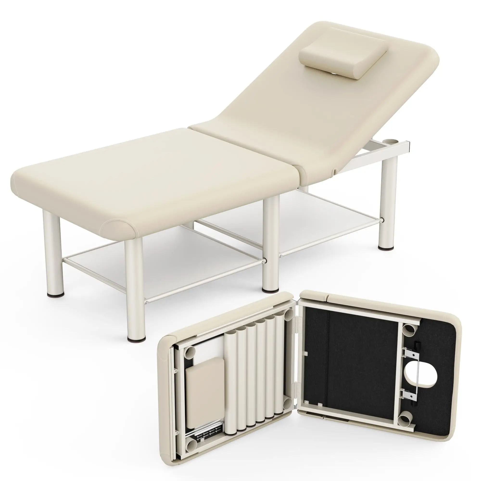 Folding Stationary Massage Table with Backrest and Storage Space, 6 Round Legs Metal Frame PU Leather, 30.5'' Wide ×