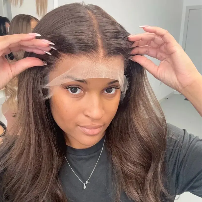 

Chocolate Brown Highlights Synthetic HD Lace Front Wig Glueless Preplucked Hairline Like Jewish Wig Realistic Look Free Part Wig