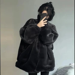 Gidyq Winter Women Thick Warm Jacket Korean Fashion Casual Hairy Loose Overcoat Female All Match Streetwear Black Jacket New