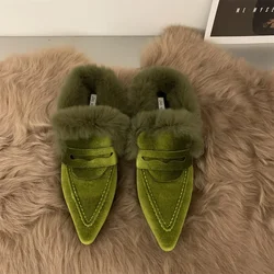 Women's Slippers Plush Flat Bottomed Mule Fashion Pointed Slippers Indoor and Outdoor Sexy Cotton Thermal Slippers Winter 2024