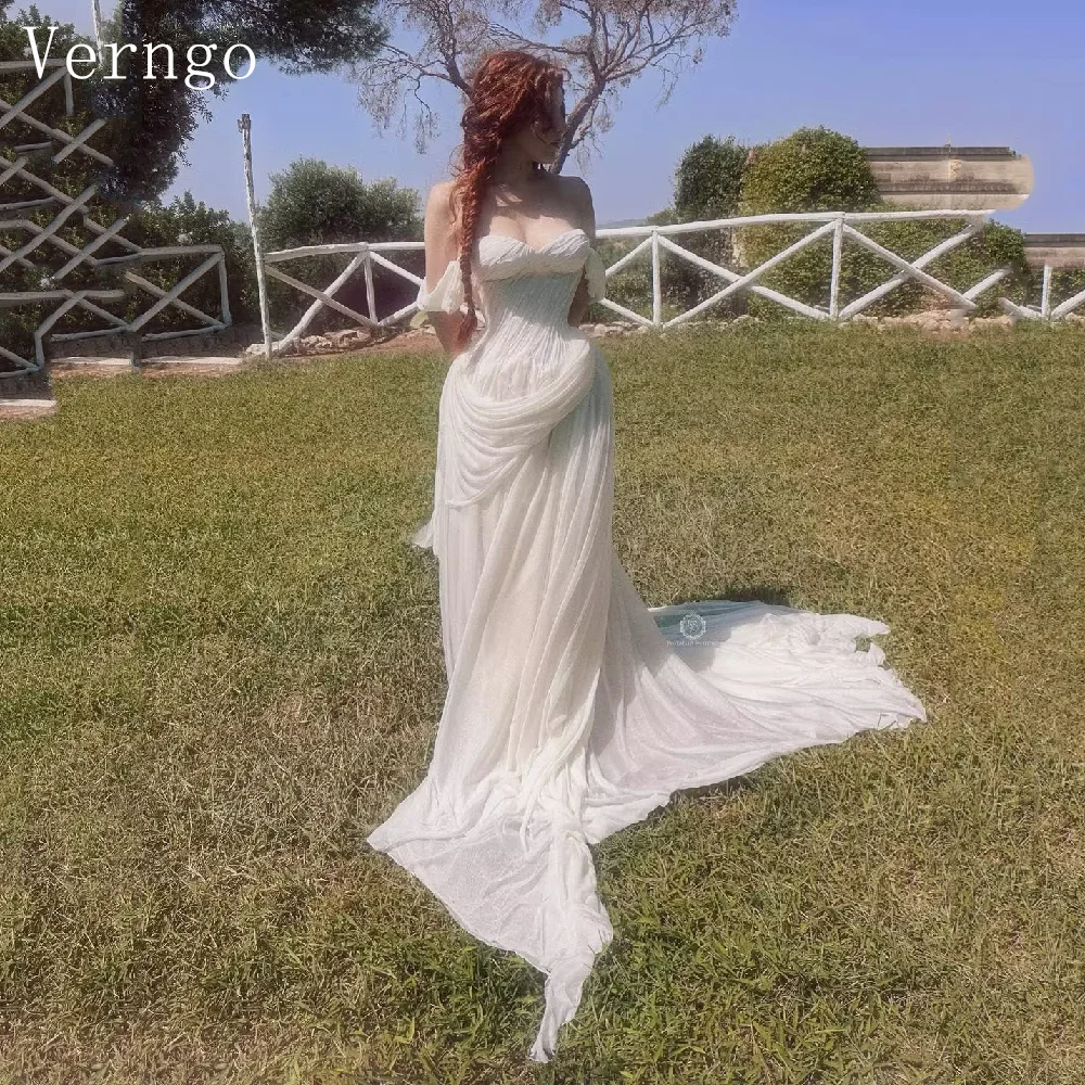 Verngo Elegant Shiny Wedding Dress Off The Shoulder A Line Pleated Prom Bride Dress Graceful Sweep Train Bridal Gown Customize