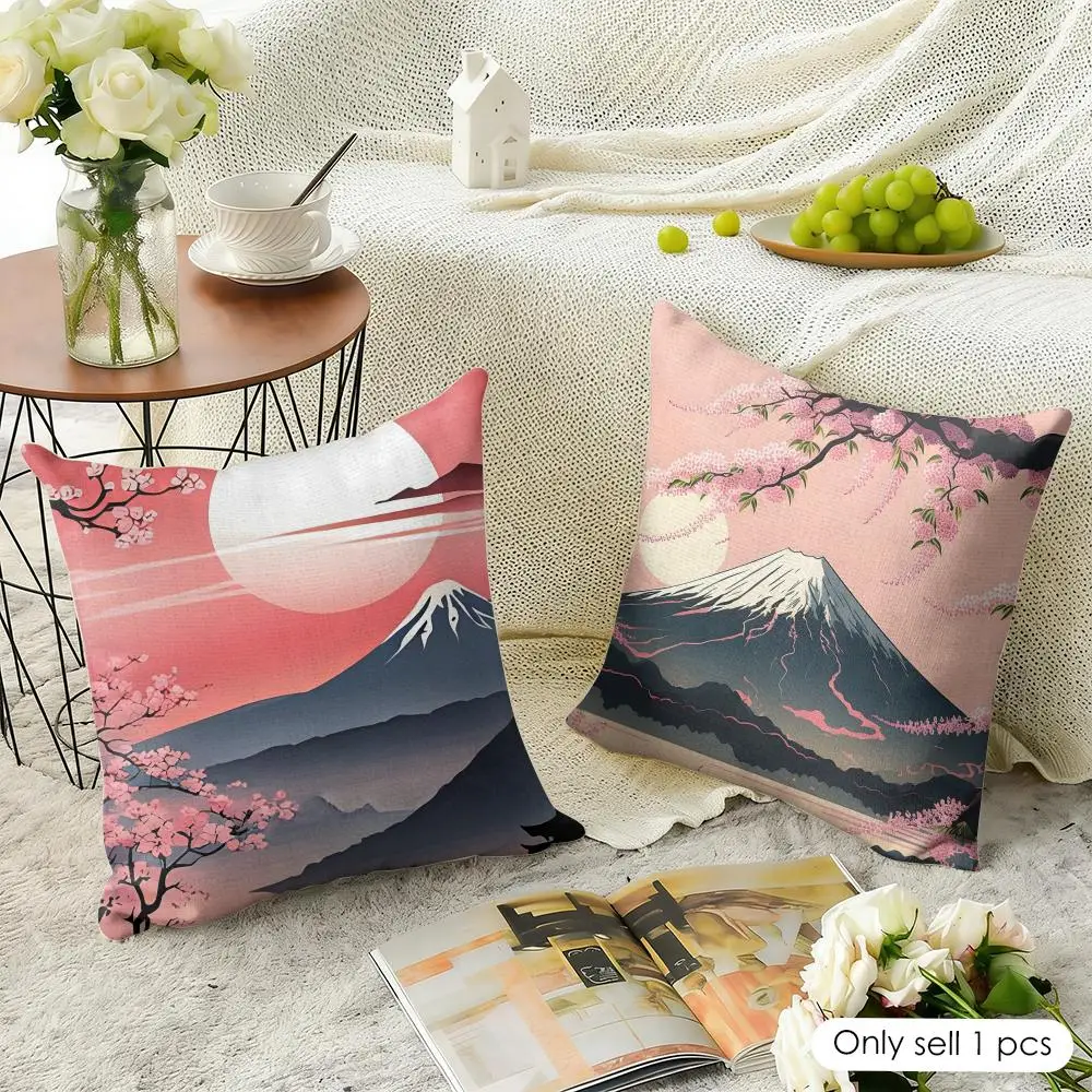 Japenes Mount Fuji Cushion Cover Natural Linen Organic Fabric Double-Sided Printing Sofa Home Decor Gift Pillow Case