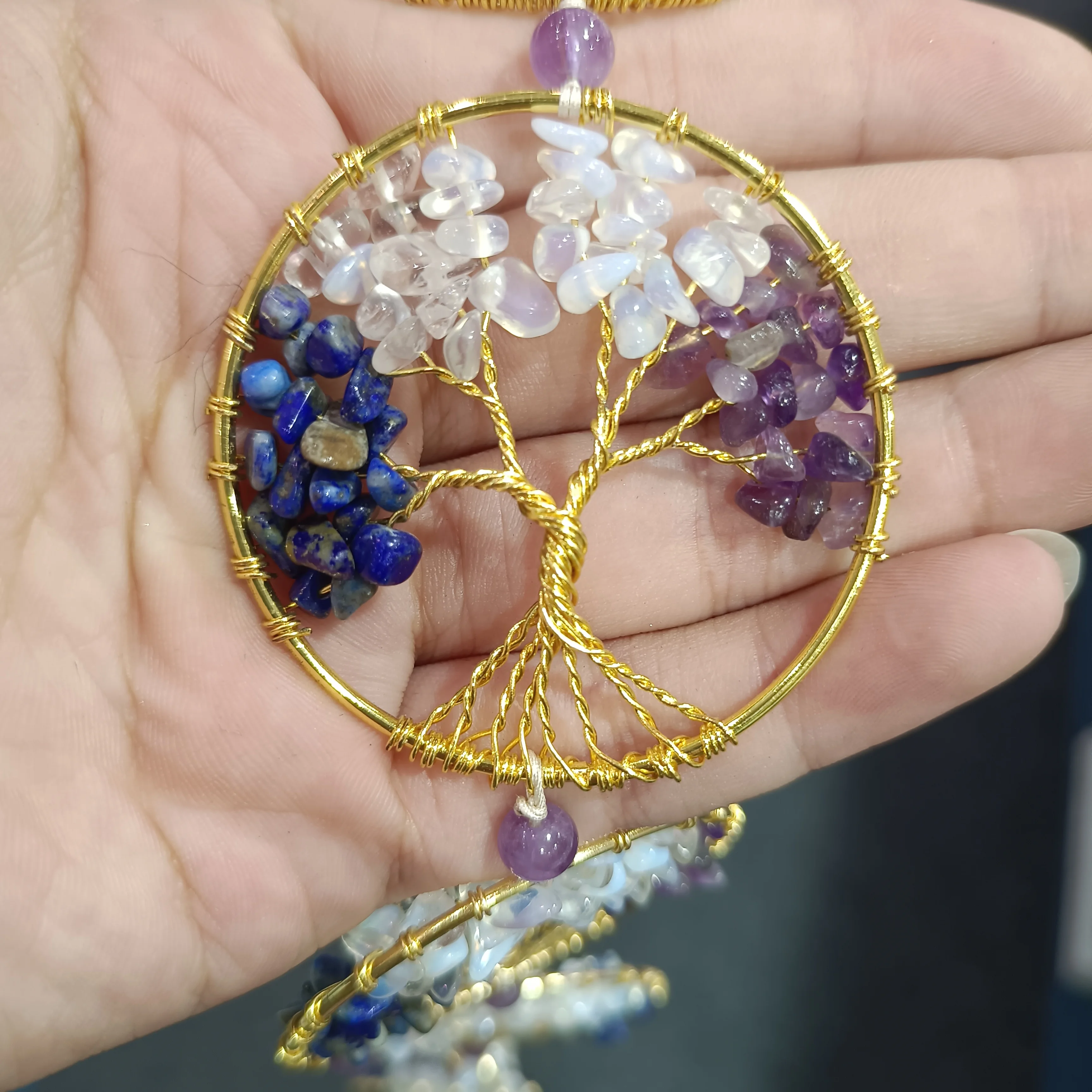 1pc Natural Crystals Seven Color gravel Stone Hanging reiki Pendants Tree of Life Hand-Woven Ornaments Home Decoration crafts