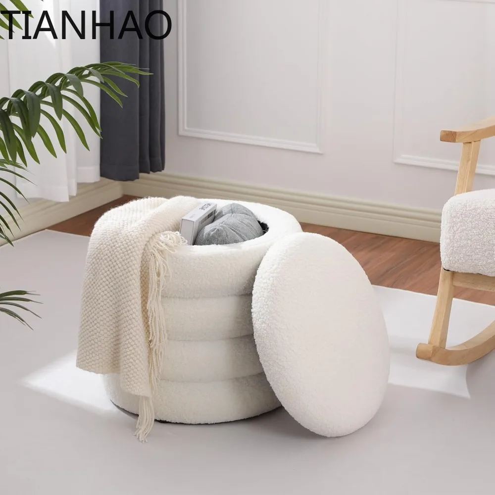 Round Ottoman with Storage, Modern Upholstered Vanity Stool Foot Rest, Small White Boucle Storage Ottoman