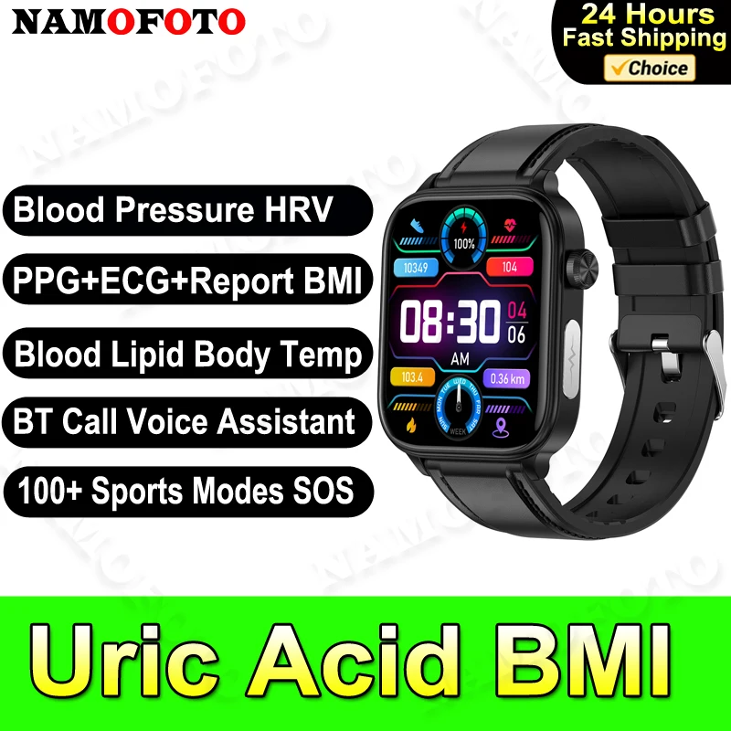 2024 New Uric Acid Smart Watch 1.96\'\' Blood Lipid Wristwatch Pressure Oxygen HRV BMI Bluetooth Call Men Women Sports Smartwatch