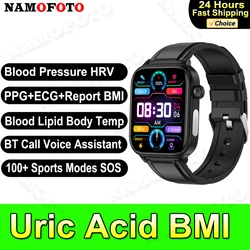 2024 New Uric Acid Smart Watch 1.96'' Blood Lipid Wristwatch Pressure Oxygen HRV BMI Bluetooth Call Men Women Sports Smartwatch