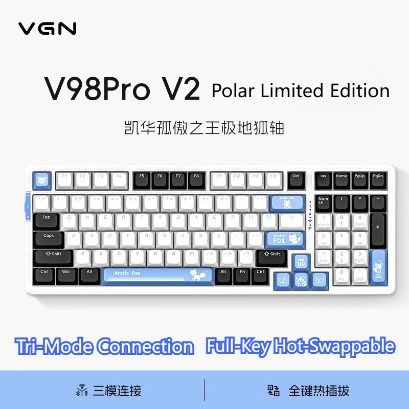 

VGN V98pro V2 Polar Fox Tri-Mode Hot-Swappable Bluetooth GASKET Wireless Custom Ergonomic Gaming Mechanical Keyboard