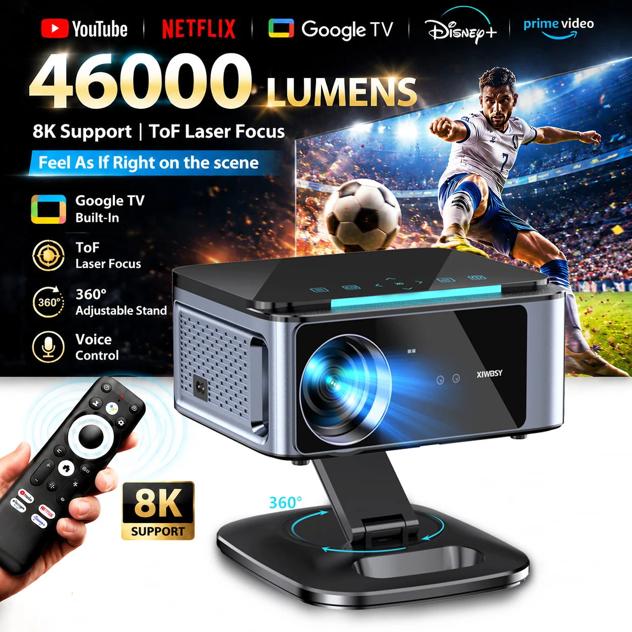 Proyectores XIWBSY 4K Ultra HD de 46000 Lúmenes, Proyector Inteligente con Google TV para Cine en Casa, Proyector con Enfoque Láser TOF, Proyector para Uso Diurno