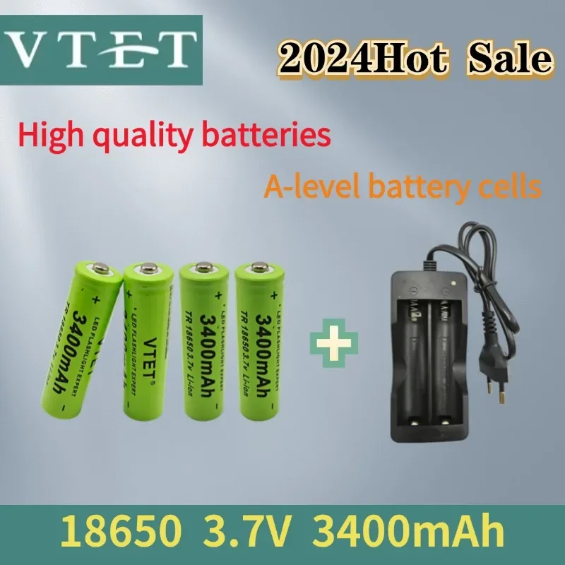 VTET-Batterie aste 2024 V 3.7 mAh, capacité 3400, pour lampe torche + chargeur, nouvelle collection 18650