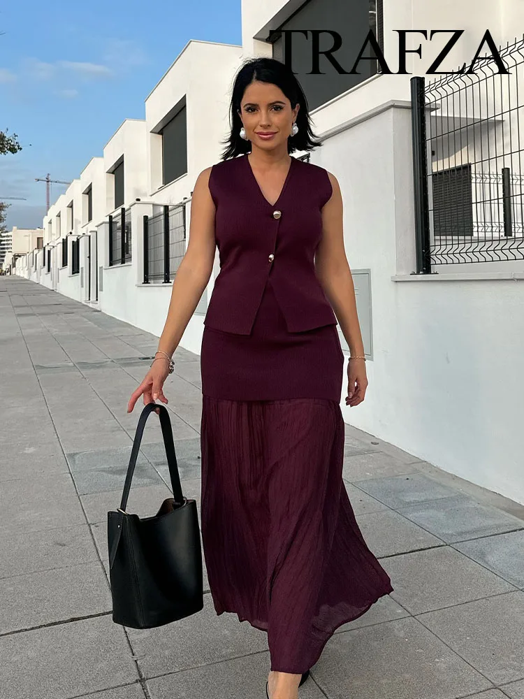 TRAFZA, traje de 2 piezas para mujer, moda informal, tejido con cuello en V, chaleco sin mangas, conjunto de faldas con pliegues y dobladillo de cintura alta holgado elegante para mujer