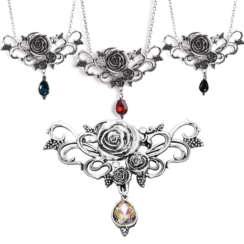 Gothic Thorn Rose Anhänger Halsketten für Frau Retro Schmuck Kristall Charms Halsband Schlüsselbein Kette Vampir Cosplay Goth Halskette