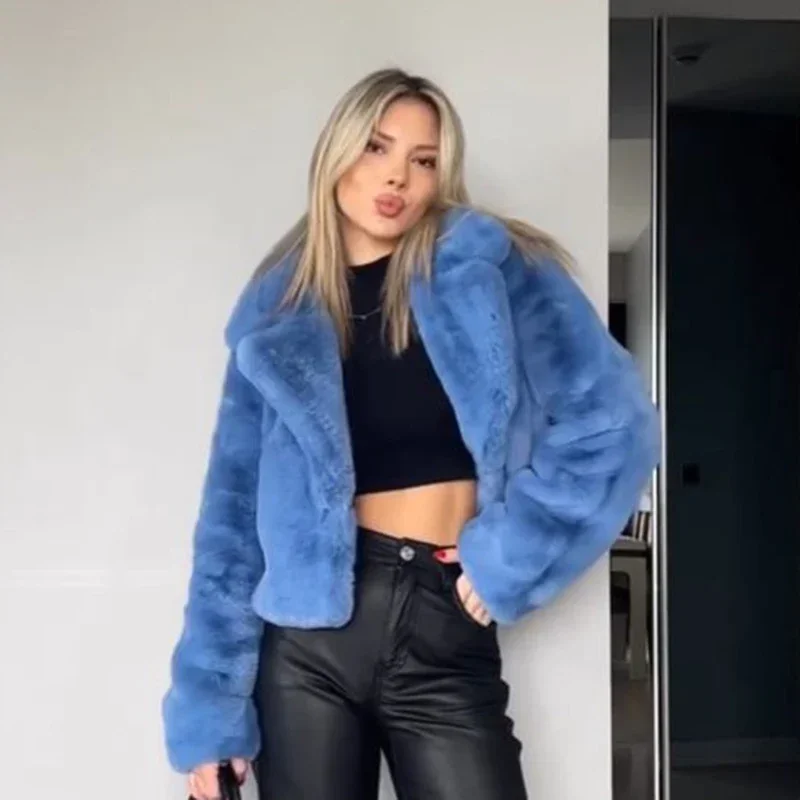 Blue Cropped Plush Fur Coat Women Ins Chic Street Fashion Girls Winter 2023 New Trend Faux Rabbit Fur Jacket Coats Short Outwear