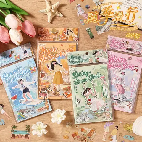 Four‑Season Character PET Stickers 20Pcs, Transparent Spring‑Summer‑Autumn‑Winter Girl Decoration Stickers for Scrapbook Crafts
