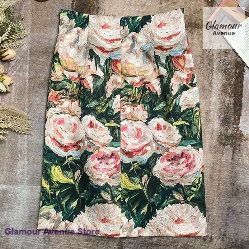 French retro fashion high waist oil painting rose skirt female summer new temperament sweet and lovely casual Joker skirt.