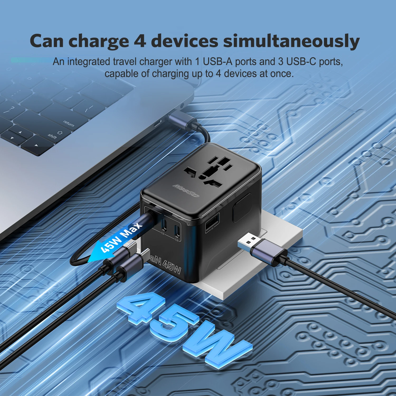 MeeGoo 45 W GaN Internationaler Reiseadapter mit 1 USB 3 Typ C GaN Schnellladeadapter mit EU AU US UK Stecker für Wandladegerät