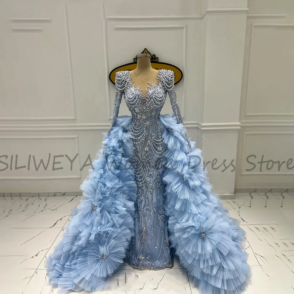

Customized Luxury Baby Blue Wedding Party Dresses With Ruffles Overskirt Sequin Beads Applique Gorgeous Long Evening Dress