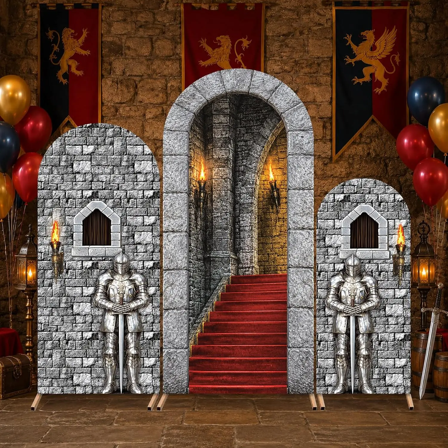 Custom 2-sided Medieval Castle Party Backdrop Decor Stone Tower Boys Men Happy Birthday Background  Classroom Home Event Props