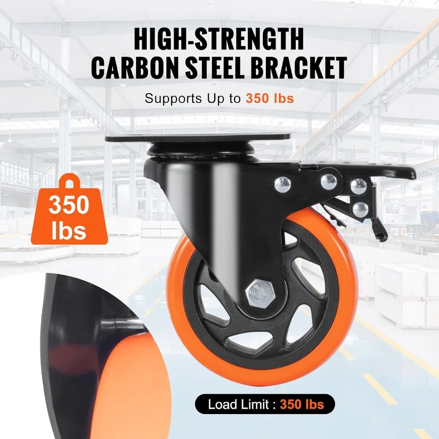 Caster Wheels 4inch Swivel Plate Casters Set of 4 with Security A B Locking No Noise PVC Wheels Heavy Duty 350 lbs Load Capacit