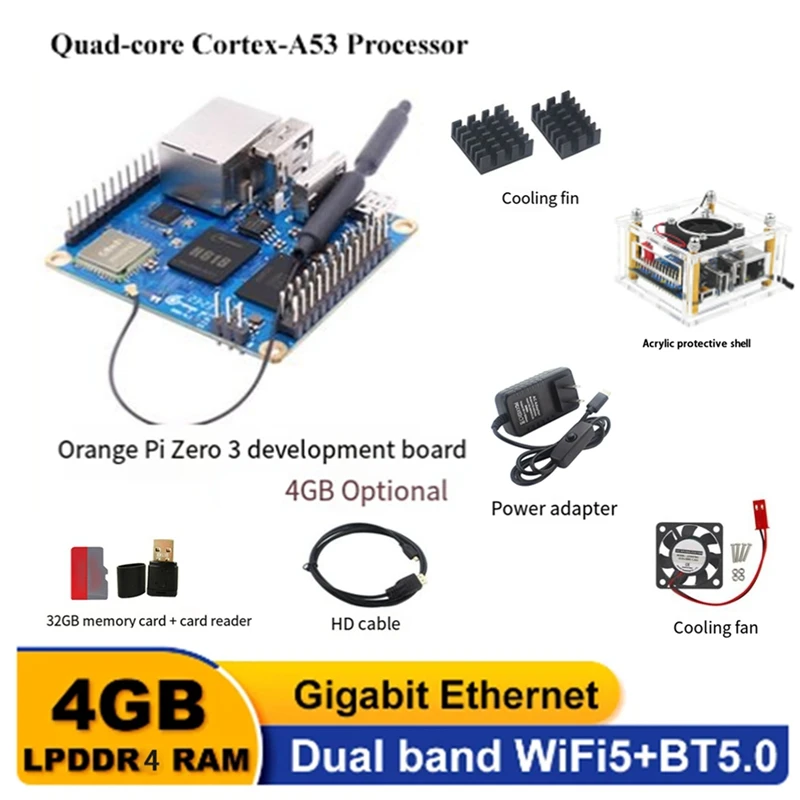 HOT SALE 1 Set for Orange Pi Zero 3 4GB Single Board Computer H618 Chip Wifi-BT5.0 LPDDR4 Gigabit Development Board Kit US Plug