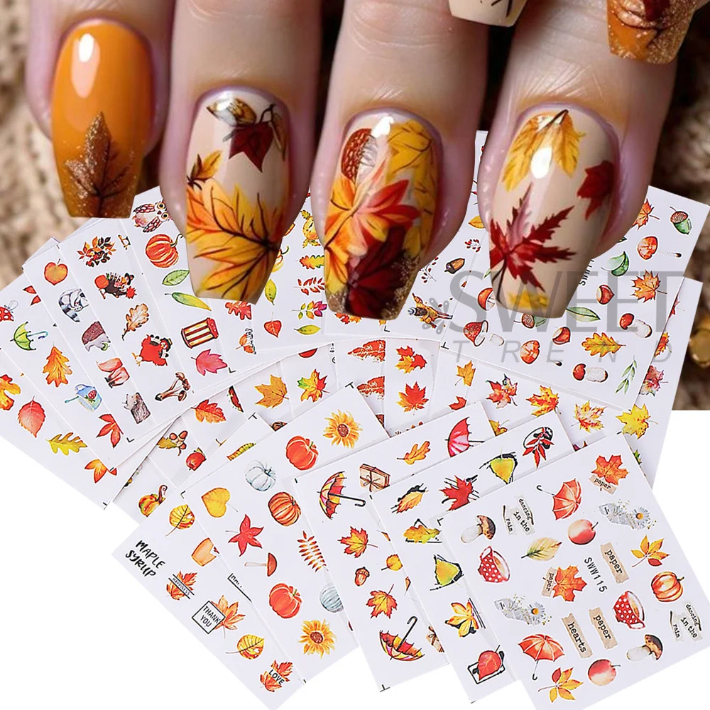24pcs Fall Maple Leaf Nail Stickers Water Transfer Decals Geometry Leaves Mushroom Turkey Pumpkin Squirrel Design Manicure Decor