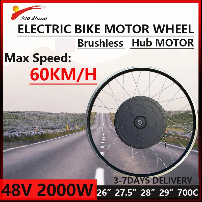 48V 2000W Rear Hub Motor Wheel for Electric Bike Brushless Non-Gear Hub Engine 60KM/H Max Speed E Bicycle Wheel Size 26-29Inch