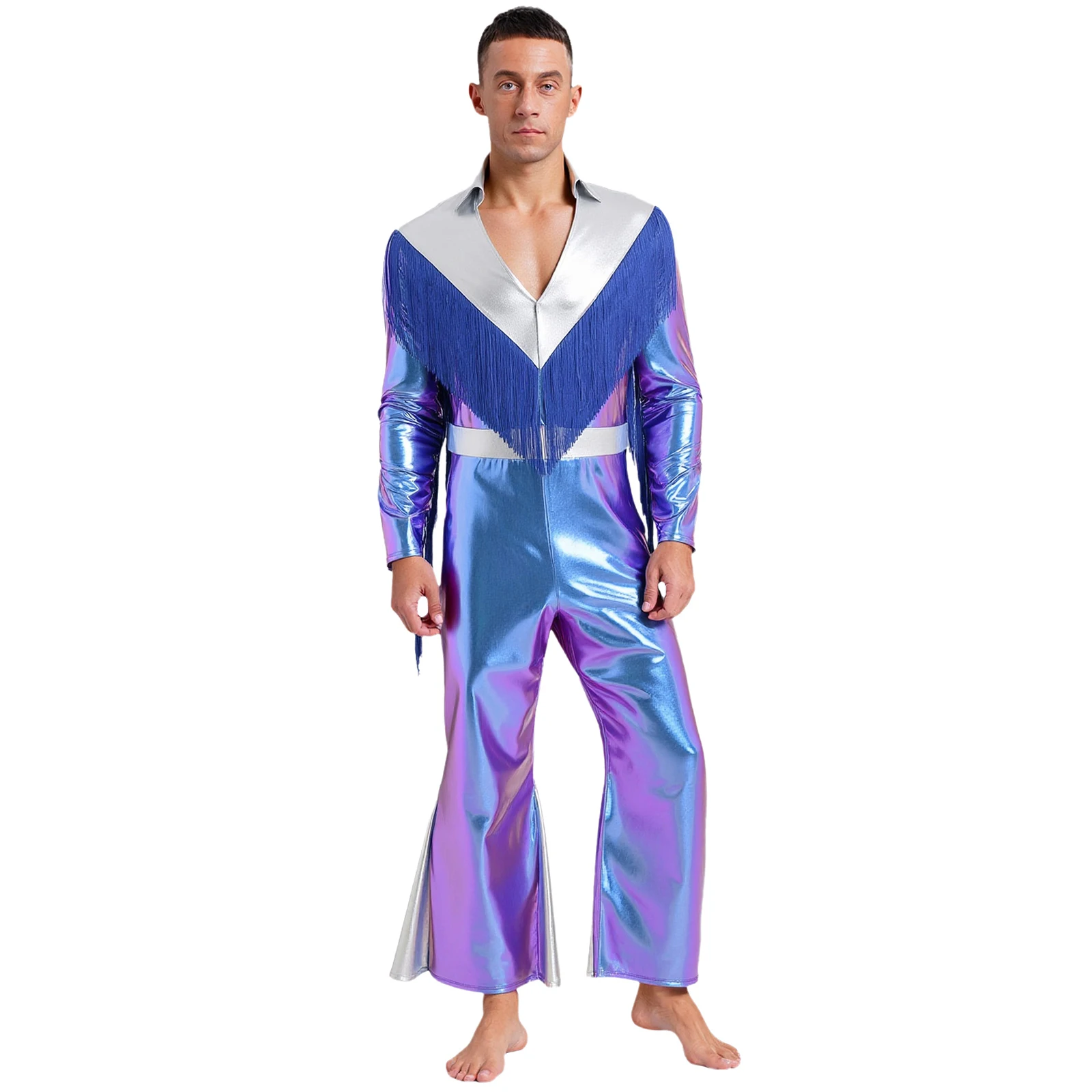 

Men Disco Jazz Waltz Dance Performance Jumpsuit Tassel Lapel Flare Sleeve Rompers for Halloween Party Cosplay Dancing Outfits