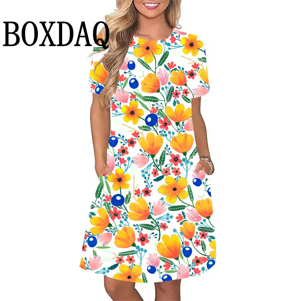 2025 New Women's Dresses Sweet Lemon Floral Print A-Line Dresses Plus Size Female Summer Loose Pocket Dress Sundress Beach Style