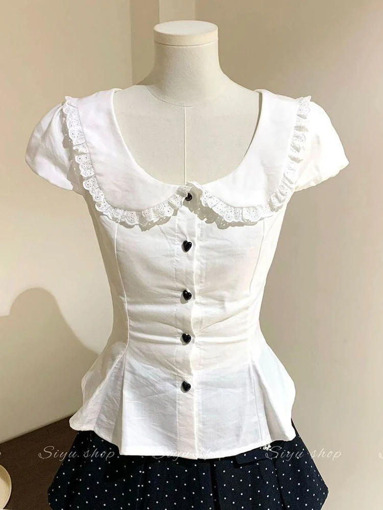 White Slim Sweet Shirt Women Puff Sleeve Cute Preppy Style Blouse Summer Japan Female Kawaii Love Buttons Lace Patchwork Tops
