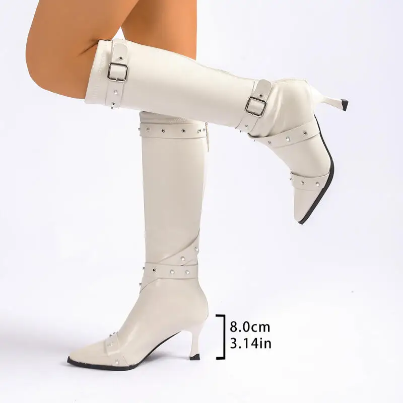 Punk Rivet Belt Buckle Decoration Knee-High Boots Women Sexy Pointed Toe Super High Heel Riding Boots Winter Brand Design Shoes - view 6