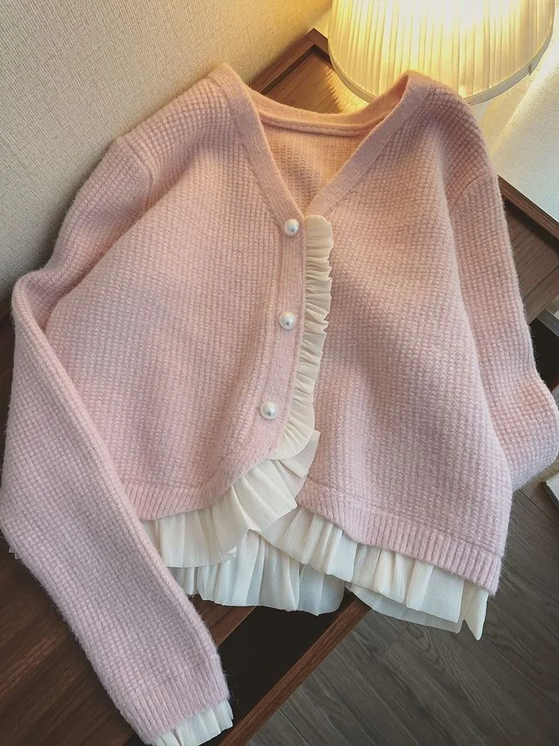 

Women's Sweaters Autumn Gentle Korean Pearl Button Ruffled Patchwork Pink Cropped Cardigan V Long Sleeve Mesh Knitted Coat V1162