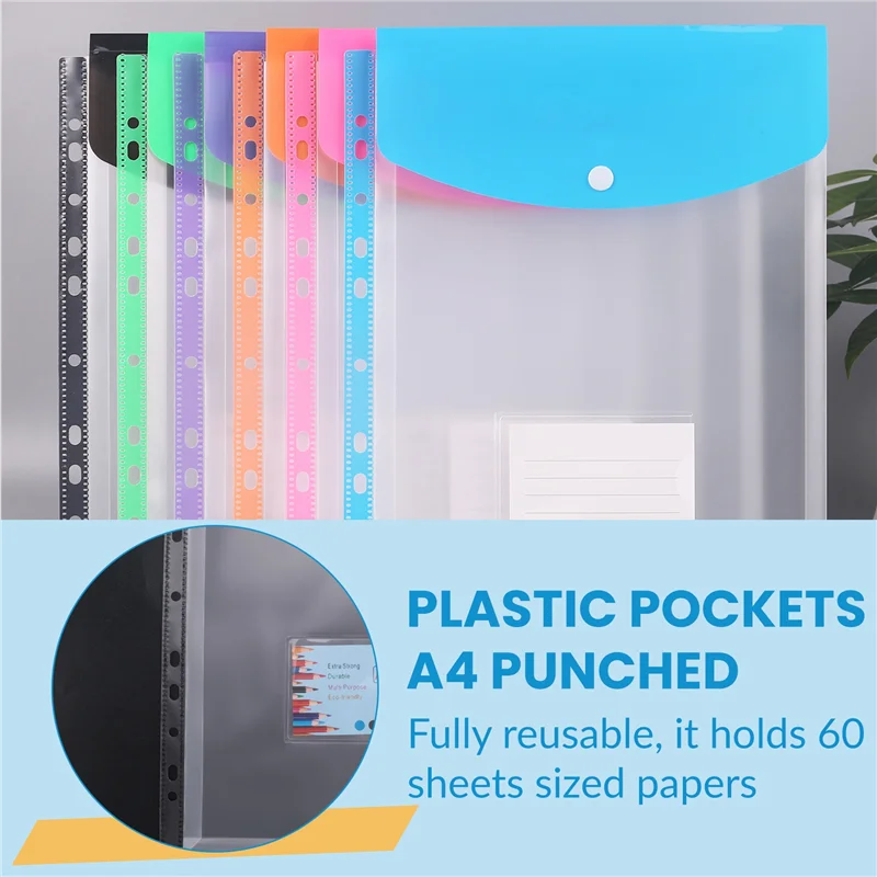 AEE7-12 Pack A4 Punched Pockets Plastic Wallets - 11 Holes Expandable Binder Pocket Envelope File Folders
