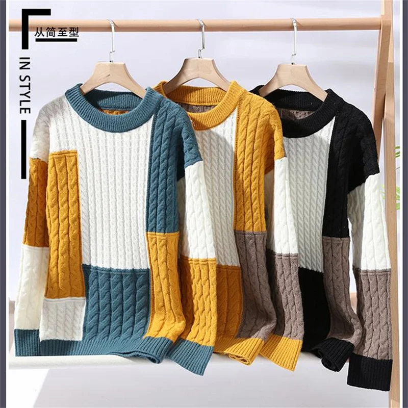 

Loose Fit O-Neck Men Sweater Long Sleeve Patchwork Design Casual Winter Quality Soft Comfortable Stretchy Knit Sueters De Hombre
