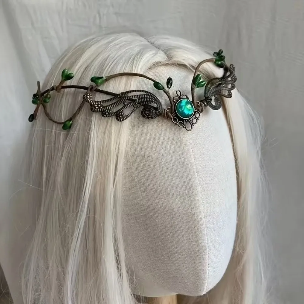 Moon Flower Elven Crown Renaissance Vintage Bridal Forehead Chain Green Gemstone Gemstone Branch Leaf Headpiece Fantasy Party
