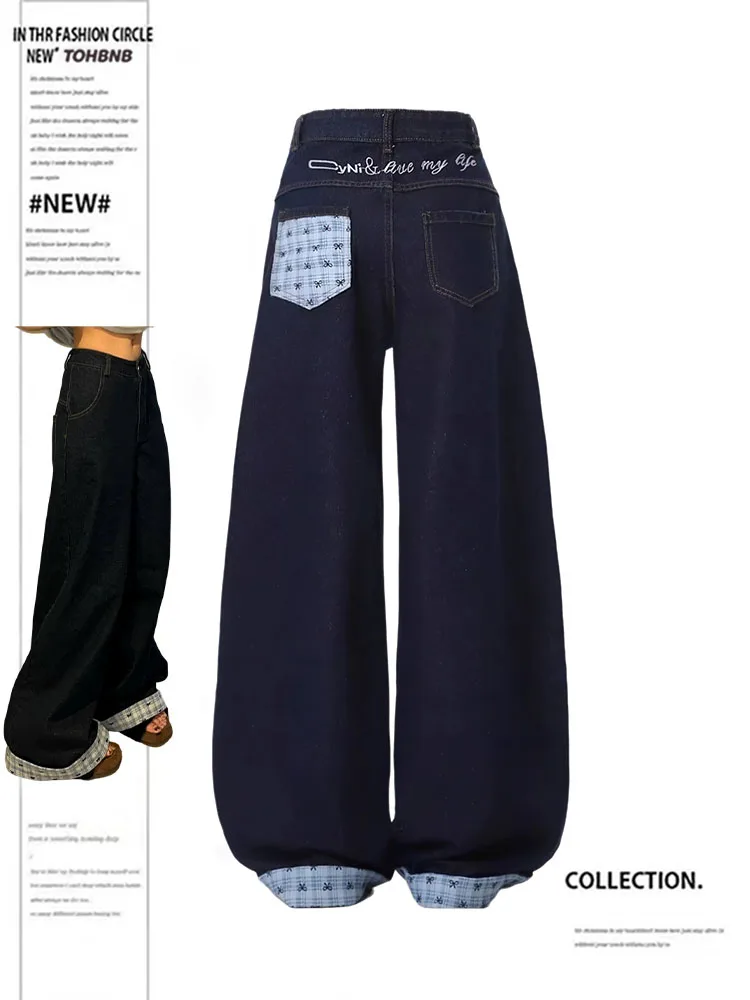 

Женские джинсовые широкие брюки больших размеров в американском стиле ретро с синими манжетами, весенне-осенние свободные утягивающие драпированные повседневные джинсы с высокой талией