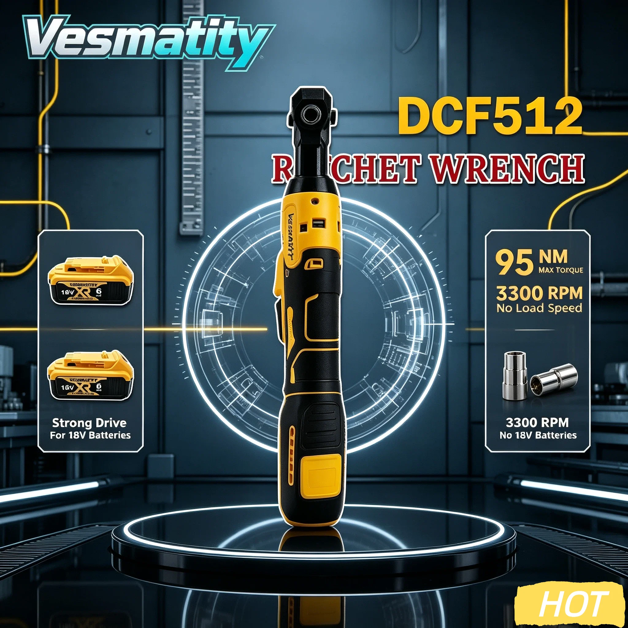 Vesmatity DCF512 Brushless Cordless Ratchet Wrench 95Nm 3300RPM 10MM 1/2