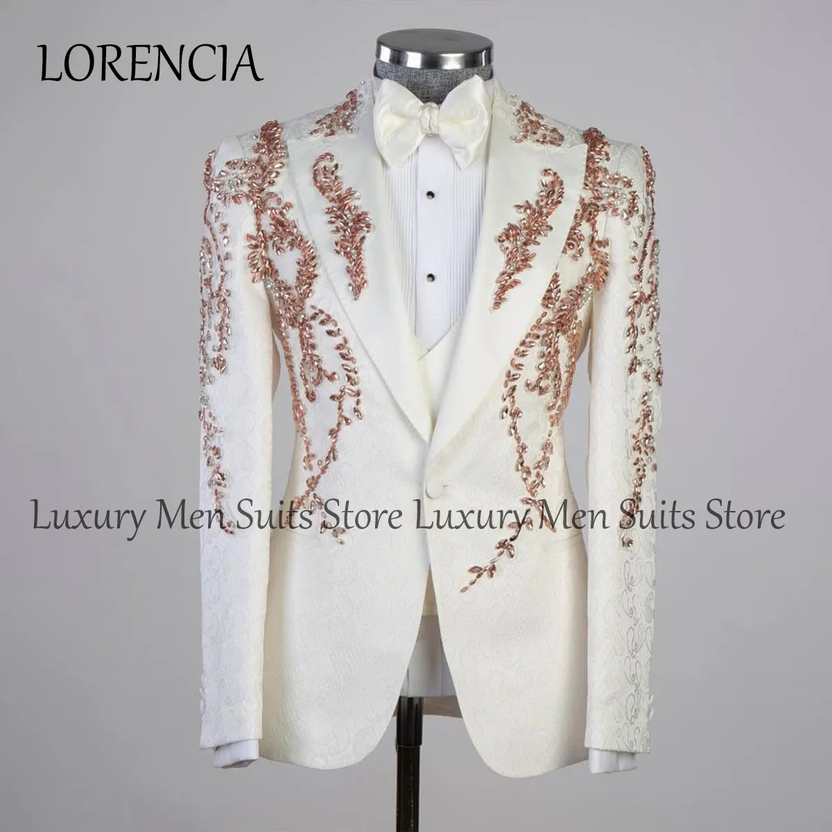 

Formal Men Suits Beaded Applique Crystals Groom Tuxedos 3 Pieces Sets Male Party Prom Blazers Slim Wedding Costutme Homme