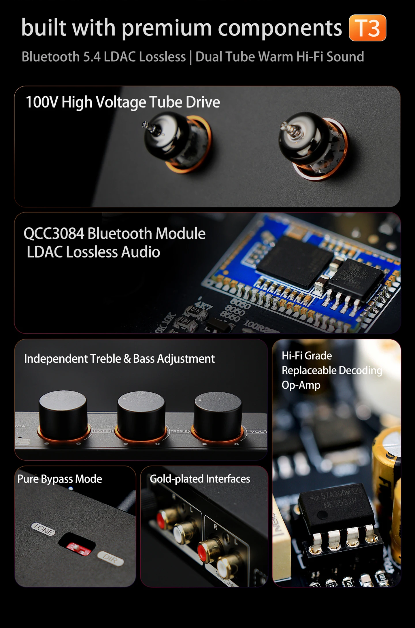 LSYSAQ T3 Vakuumröhren-Vorverstärker Bluetooth 5.4 6J1 Röhren-HiFi-Stereo mit Klangregelung LDAC APTX‑HD Audioeingang für Heimverstärker – Detail 3