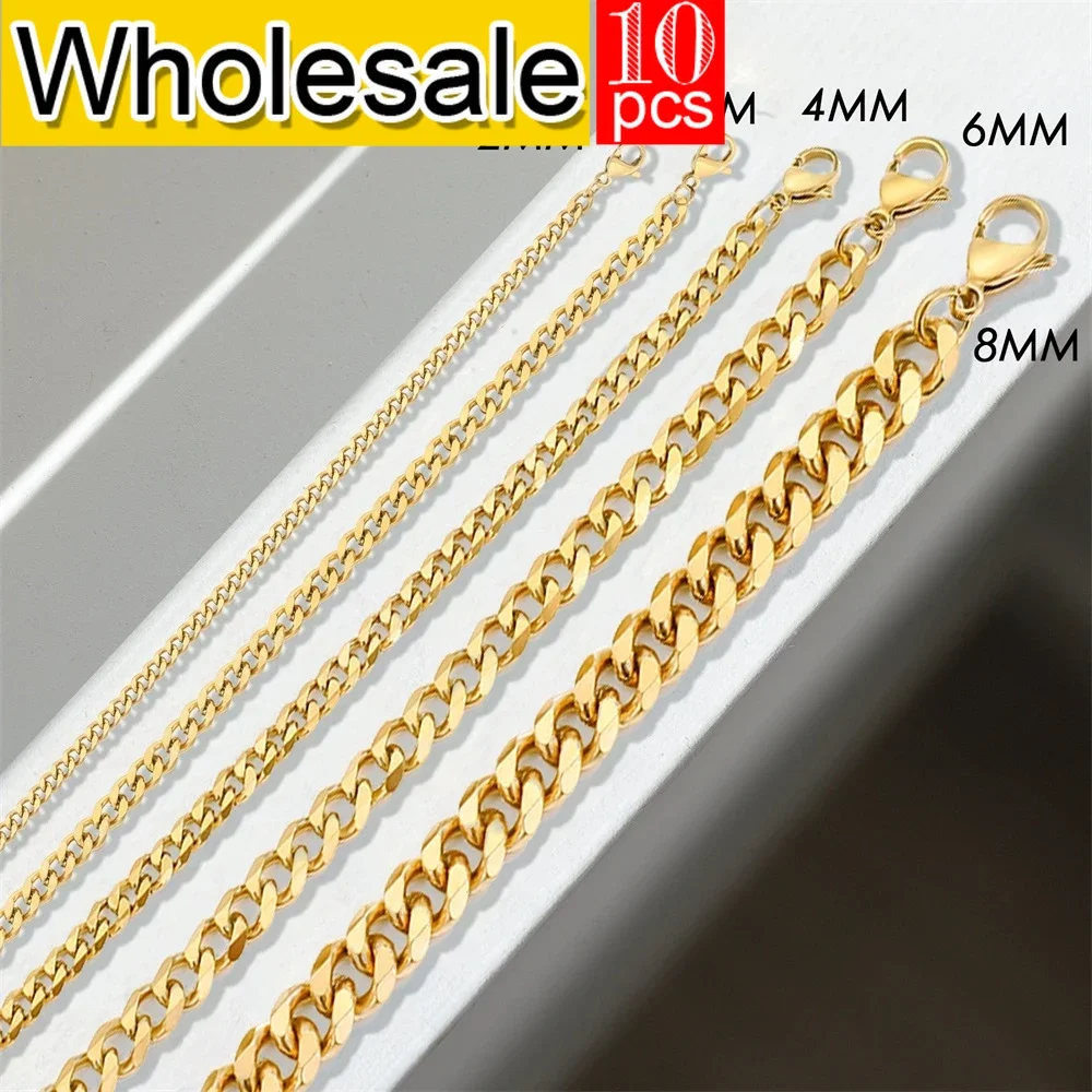 

women 10PCS Men's Cuban Link Chain Necklace Stainless Steel Women Trendy Punk Jewelry 2MM/3MM/4MM/6MM/8MM Wholesale