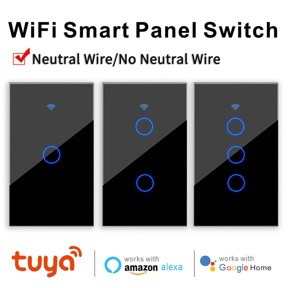 

Tuya Wifi Smart Switch Neutral Wire/No Neutral Wire, Smart Home Interruptor Light Switch US 1/2/3 Works for Alexa Google home