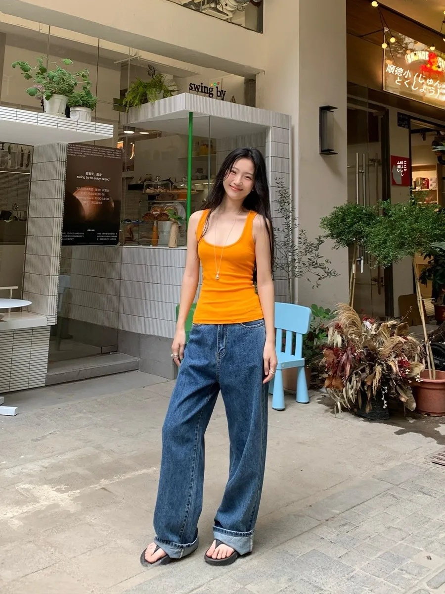 

Женские джинсы с высокой талией и широкими штанинами, свободного кроя, прямые, повседневные, длинные брюки, весенне-летний стиль Zero Degree Soda, корейский ленивый стиль